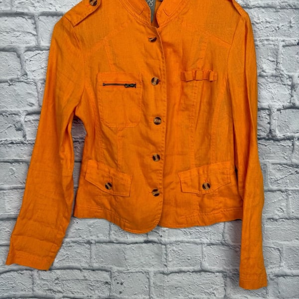 Solo Moda Bright Orange Linen Military Utility Jacket Size 6