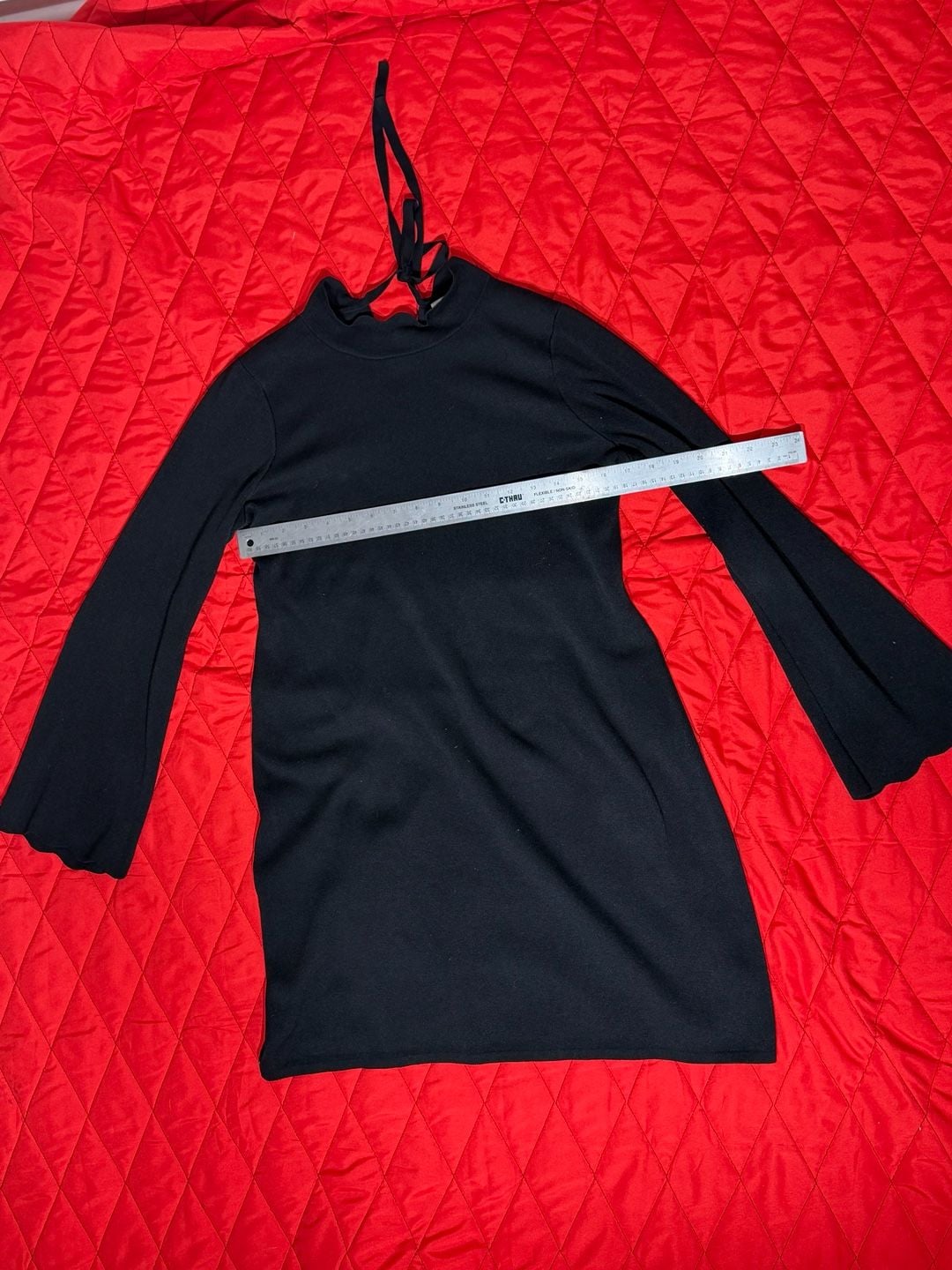 Free Assembly Women's Black Long Sleeve Ribbed Mini Dress w Mock Neck Tie Detail 5