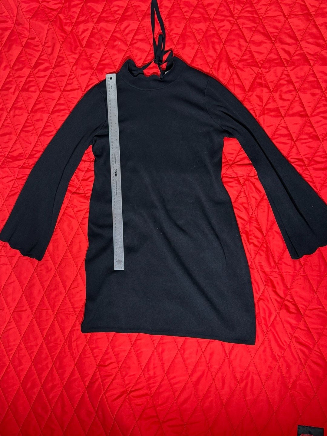 Free Assembly Women's Black Long Sleeve Ribbed Mini Dress w Mock Neck Tie Detail 6