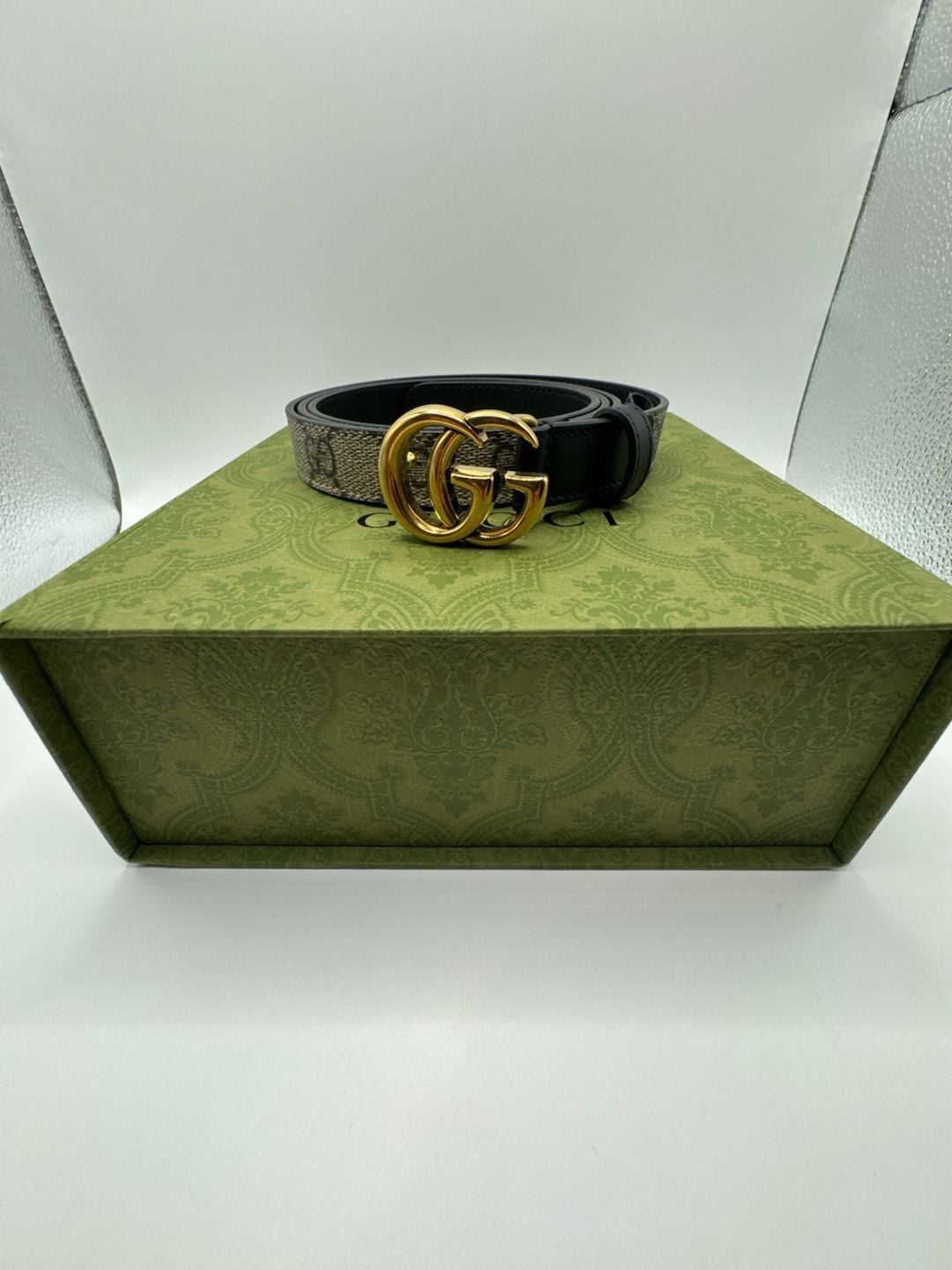 Authentic Gucci Marmont Thin Belt GG Supreme Monogram Canvas Black Leather 110 1