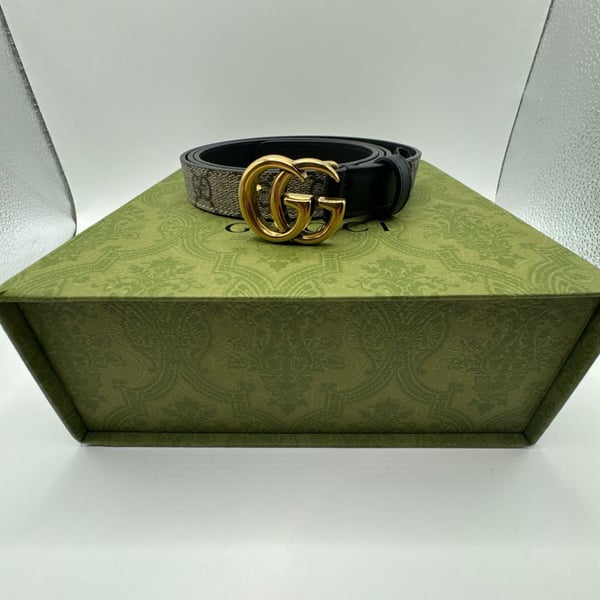 Authentic Gucci Marmont Thin Belt GG Supreme Monogram Canvas Black Leather 110