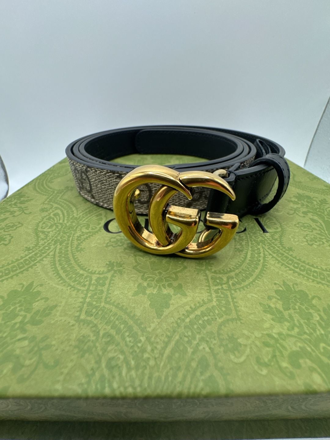 Authentic Gucci Marmont Thin Belt GG Supreme Monogram Canvas Black Leather 110 2