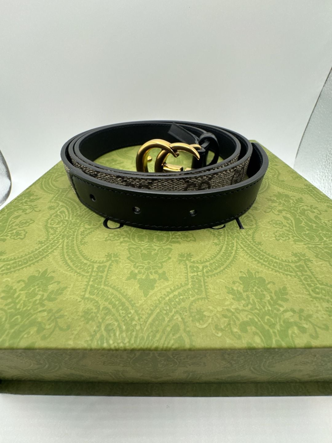 Authentic Gucci Marmont Thin Belt GG Supreme Monogram Canvas Black Leather 110 4
