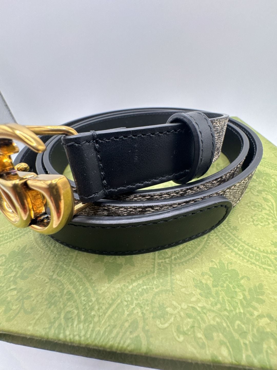 Authentic Gucci Marmont Thin Belt GG Supreme Monogram Canvas Black Leather 110 5
