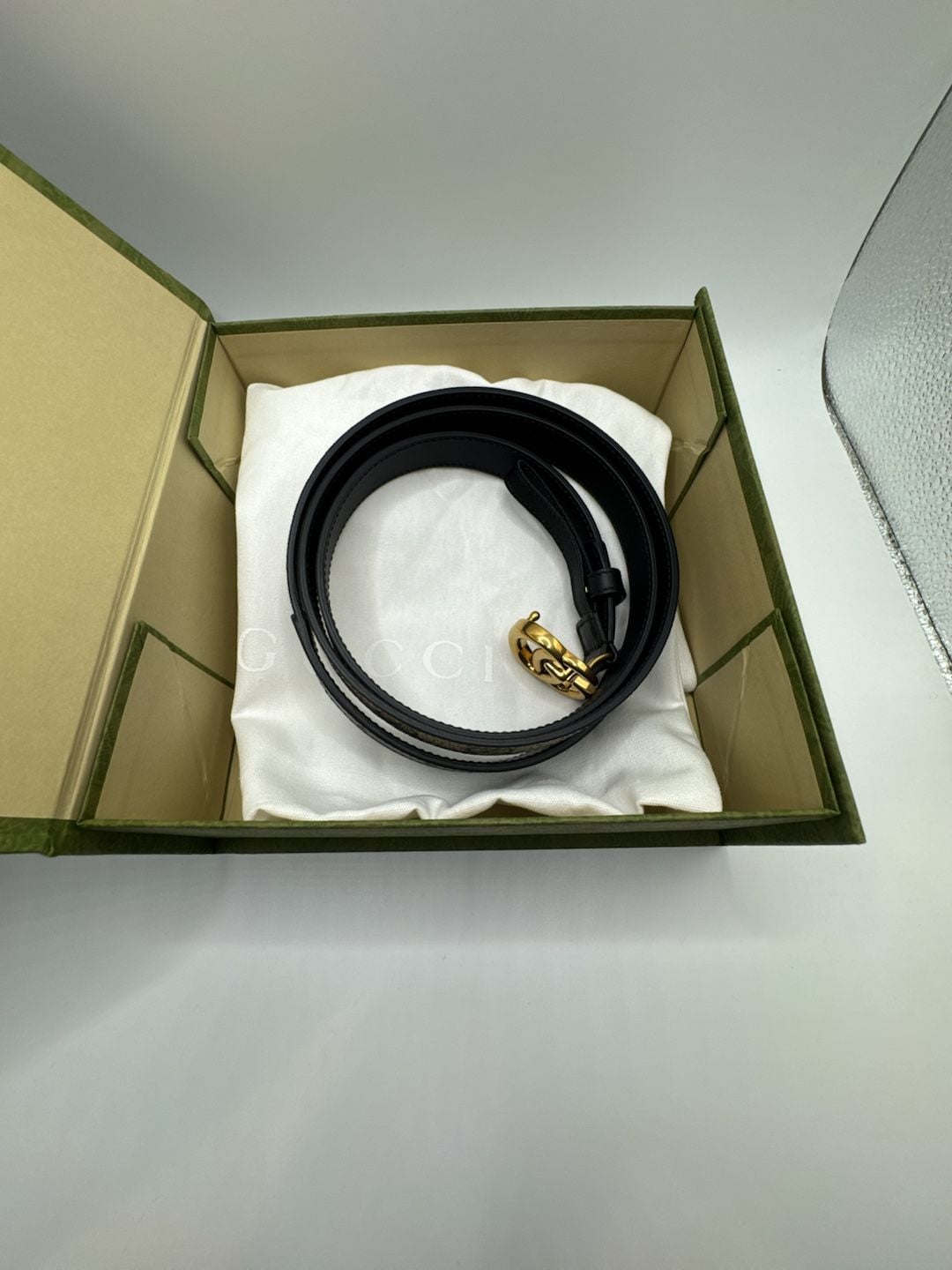 Authentic Gucci Marmont Thin Belt GG Supreme Monogram Canvas Black Leather 110 6