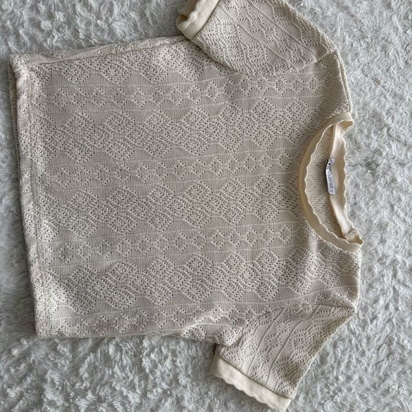 Zara Ivory Open Crochet Knit Jacquard Short Sleeve Top Blouse Size M
