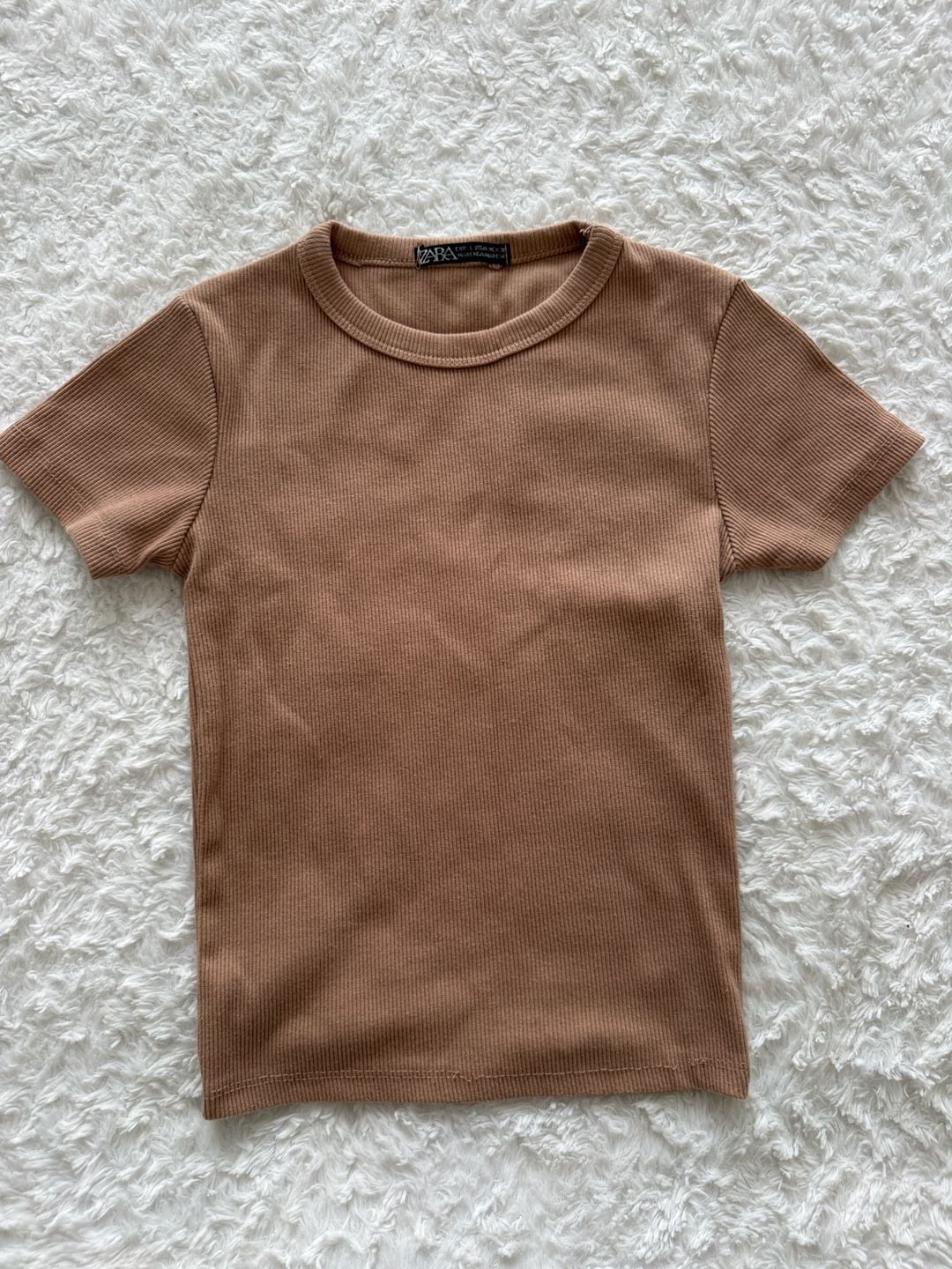Zara Ribbed Short Sleeve T-Shirt Dark Tan Size L 2