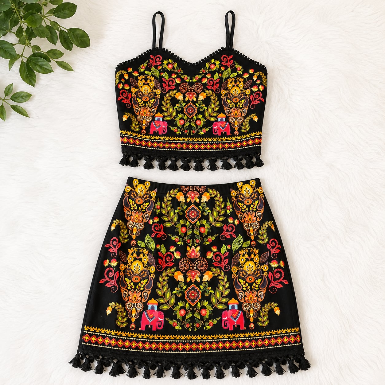 SHEIN Folk Art Print Cami Crop Top and Mini Skirt Set 1