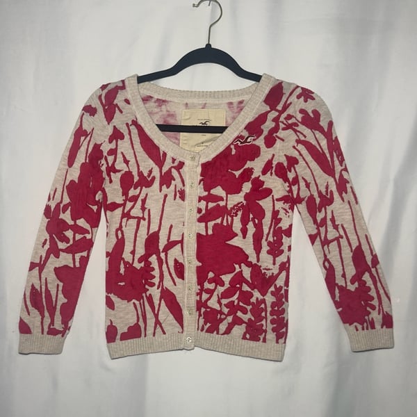 Hollister Pink and Cream Floral Print Button Cardigan Sweater Size S