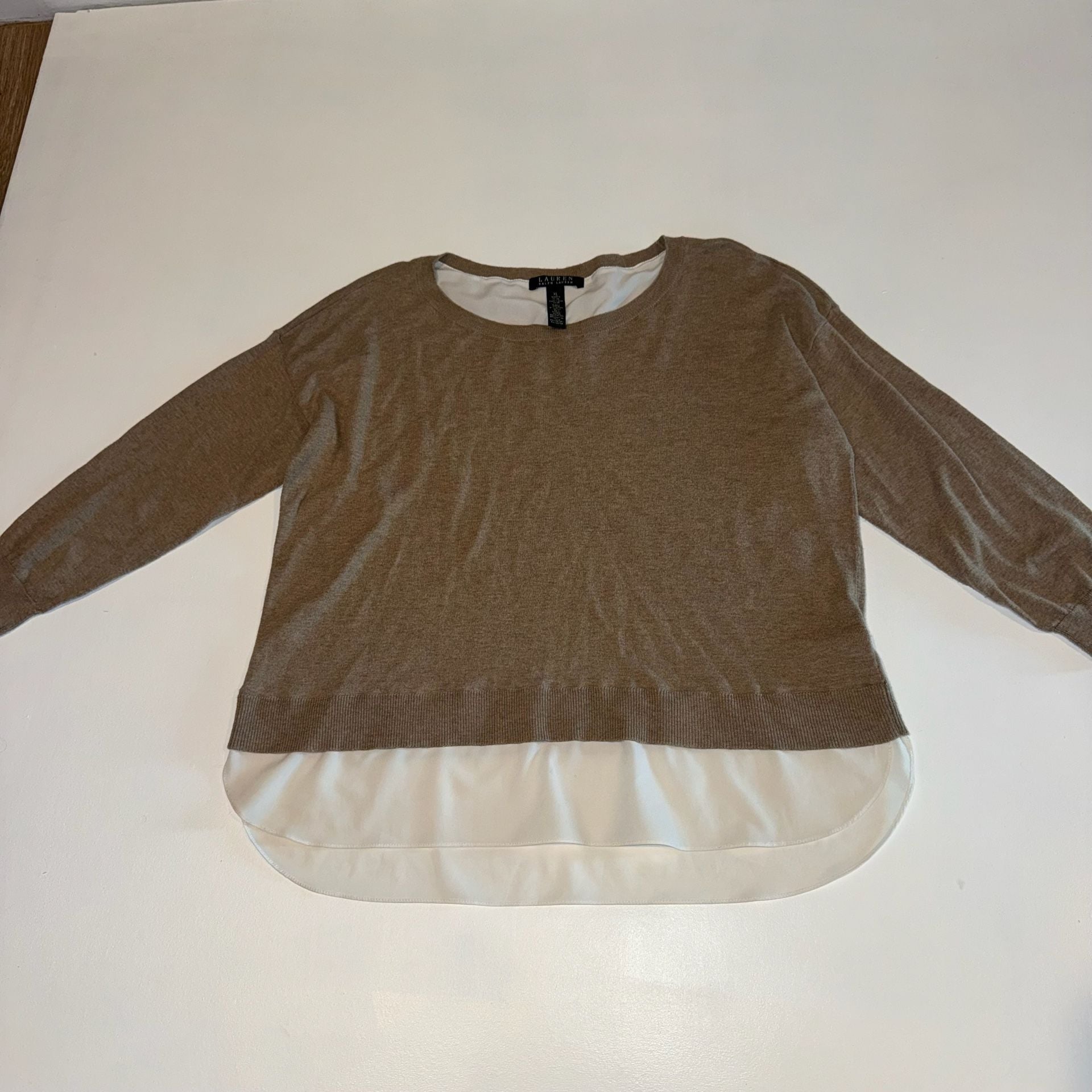 LAUREN Ralph Lauren Brown & White Layered Look Knit Shirttail Hem Sweater XL 3