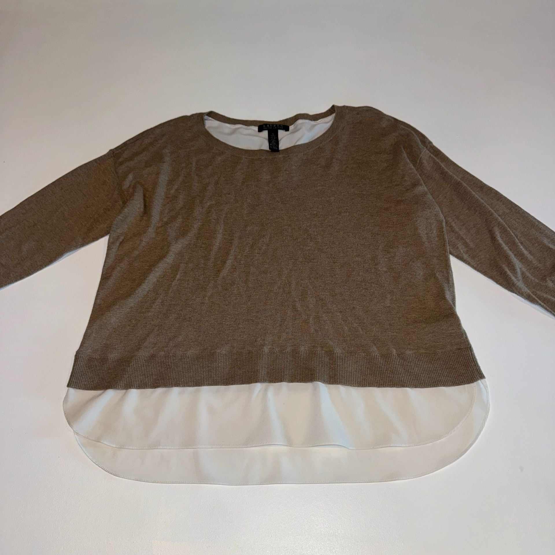 LAUREN Ralph Lauren Brown & White Layered Look Knit Shirttail Hem Sweater XL 4