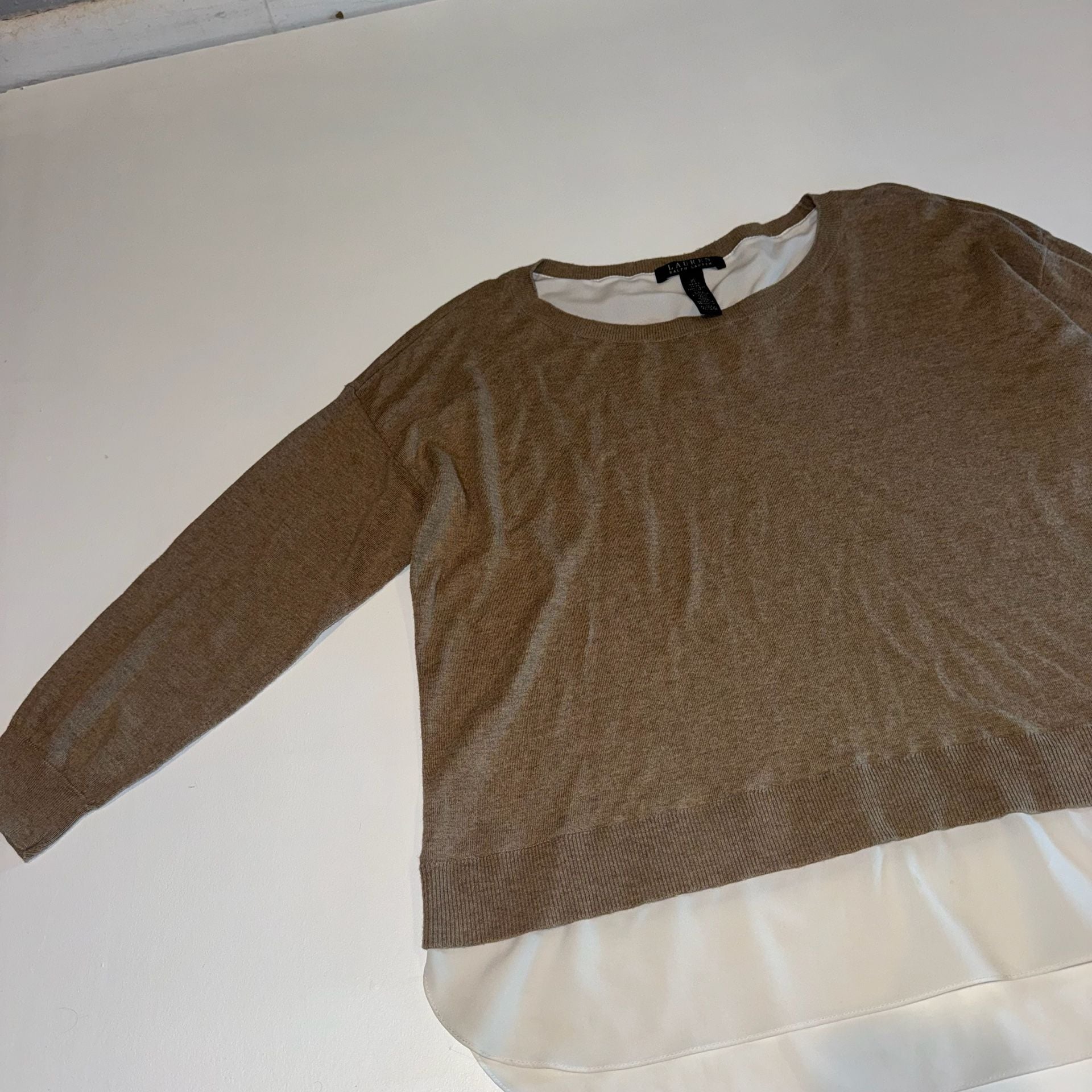 LAUREN Ralph Lauren Brown & White Layered Look Knit Shirttail Hem Sweater XL 5