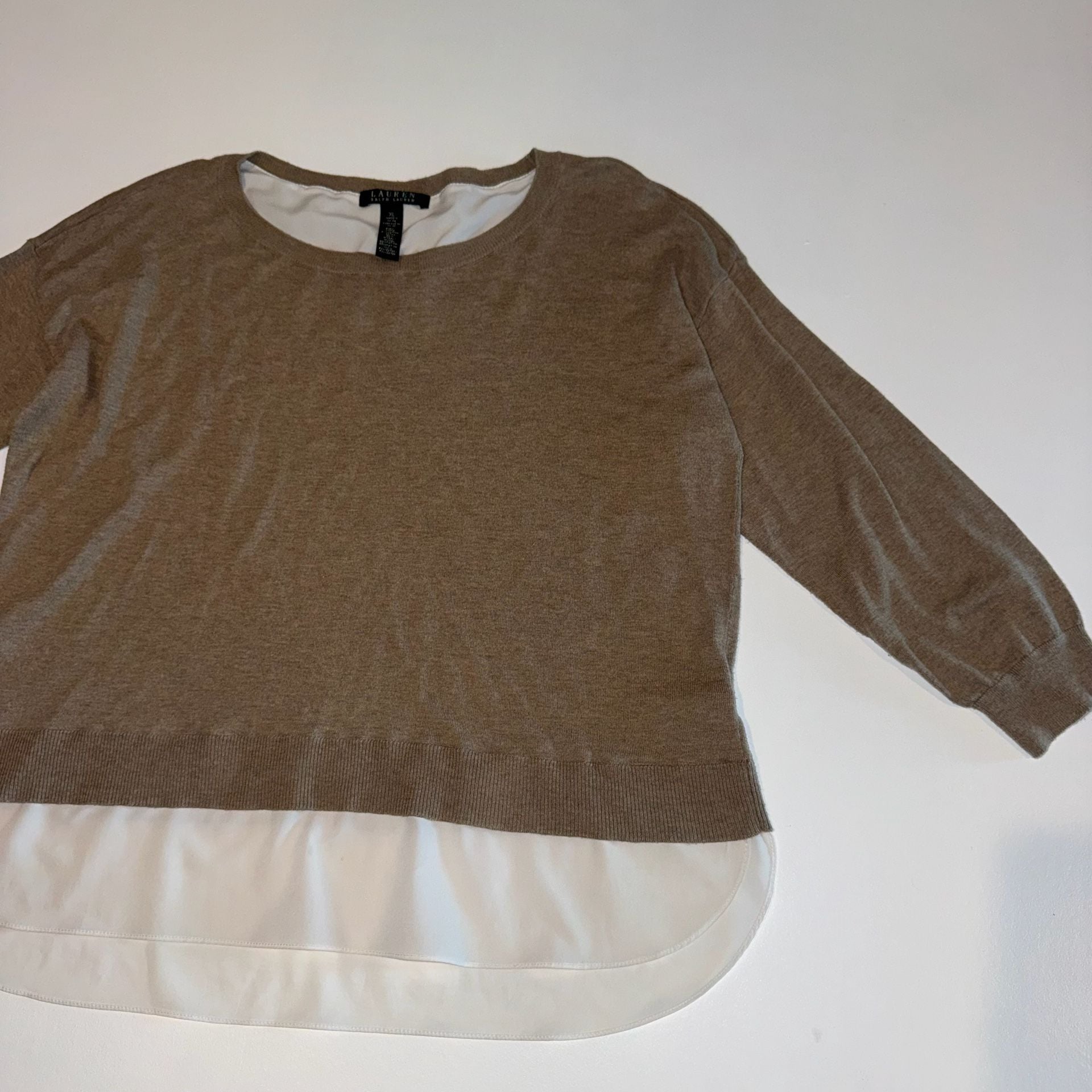 LAUREN Ralph Lauren Brown & White Layered Look Knit Shirttail Hem Sweater XL 6