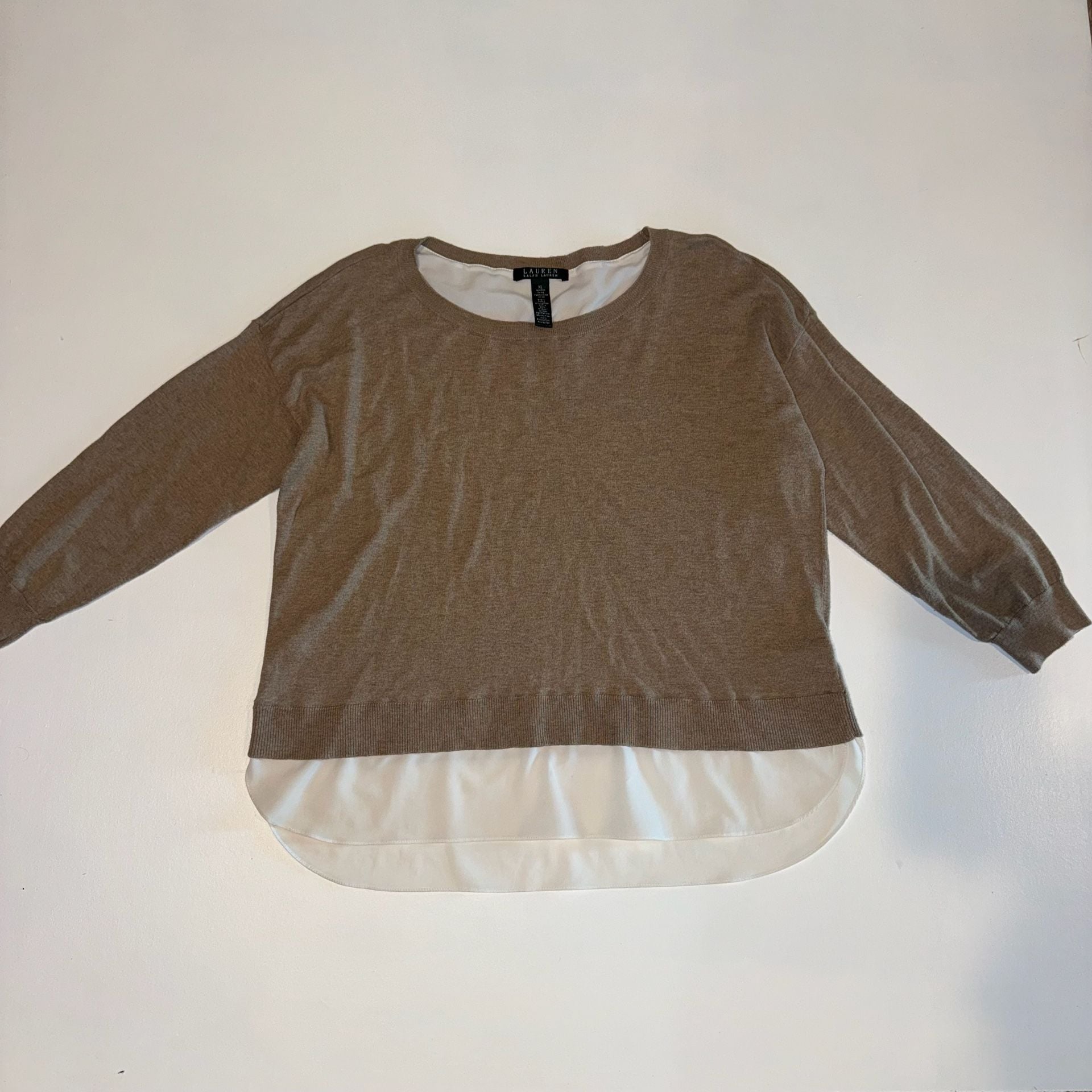 LAUREN Ralph Lauren Brown & White Layered Look Knit Shirttail Hem Sweater XL 7