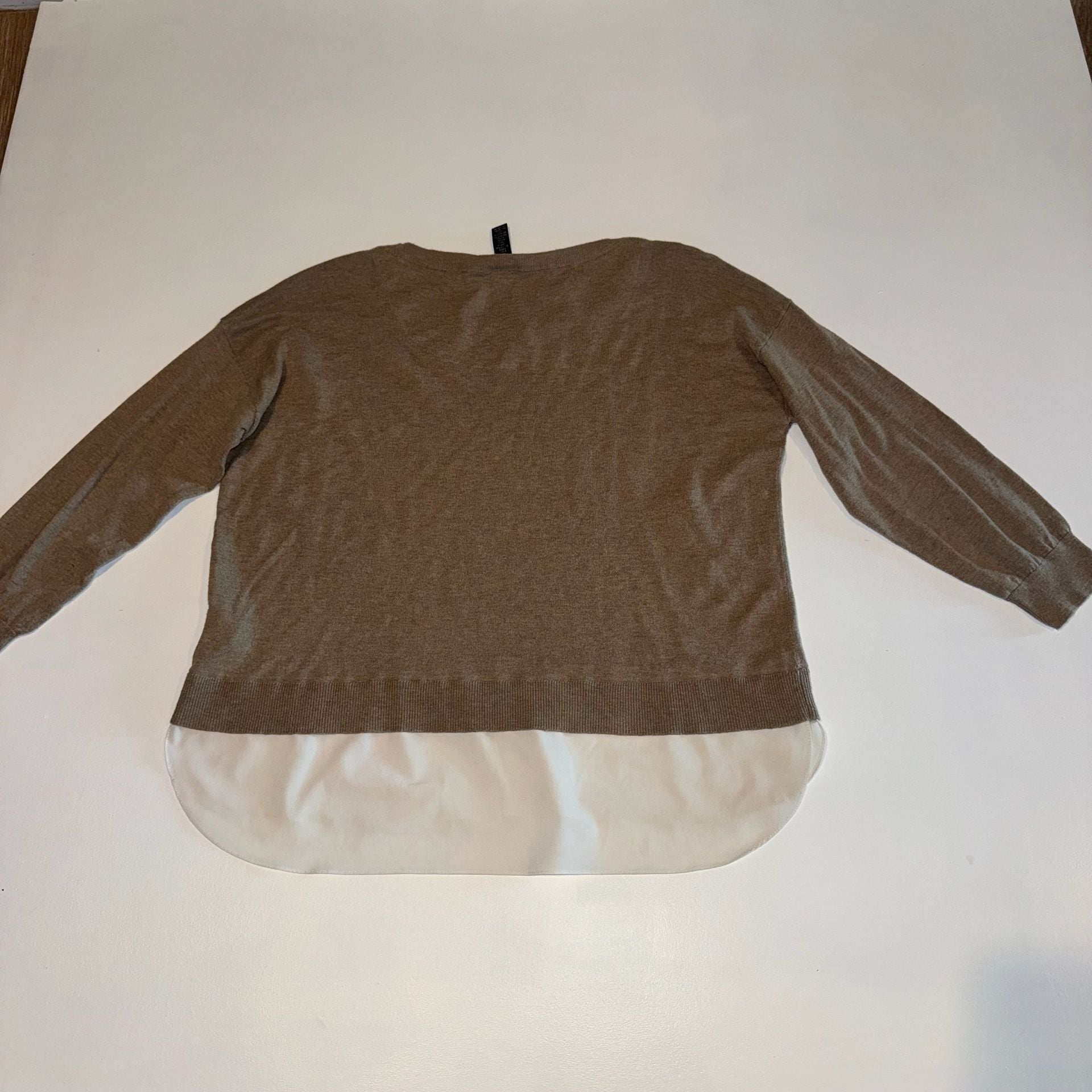 LAUREN Ralph Lauren Brown & White Layered Look Knit Shirttail Hem Sweater XL 10