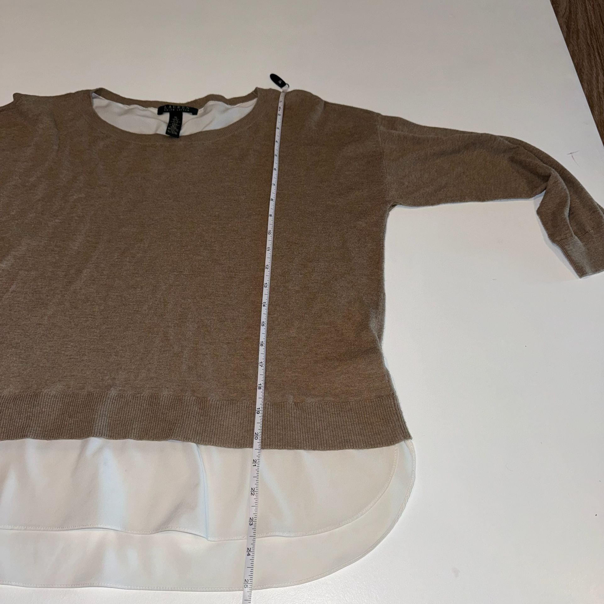 LAUREN Ralph Lauren Brown & White Layered Look Knit Shirttail Hem Sweater XL 11