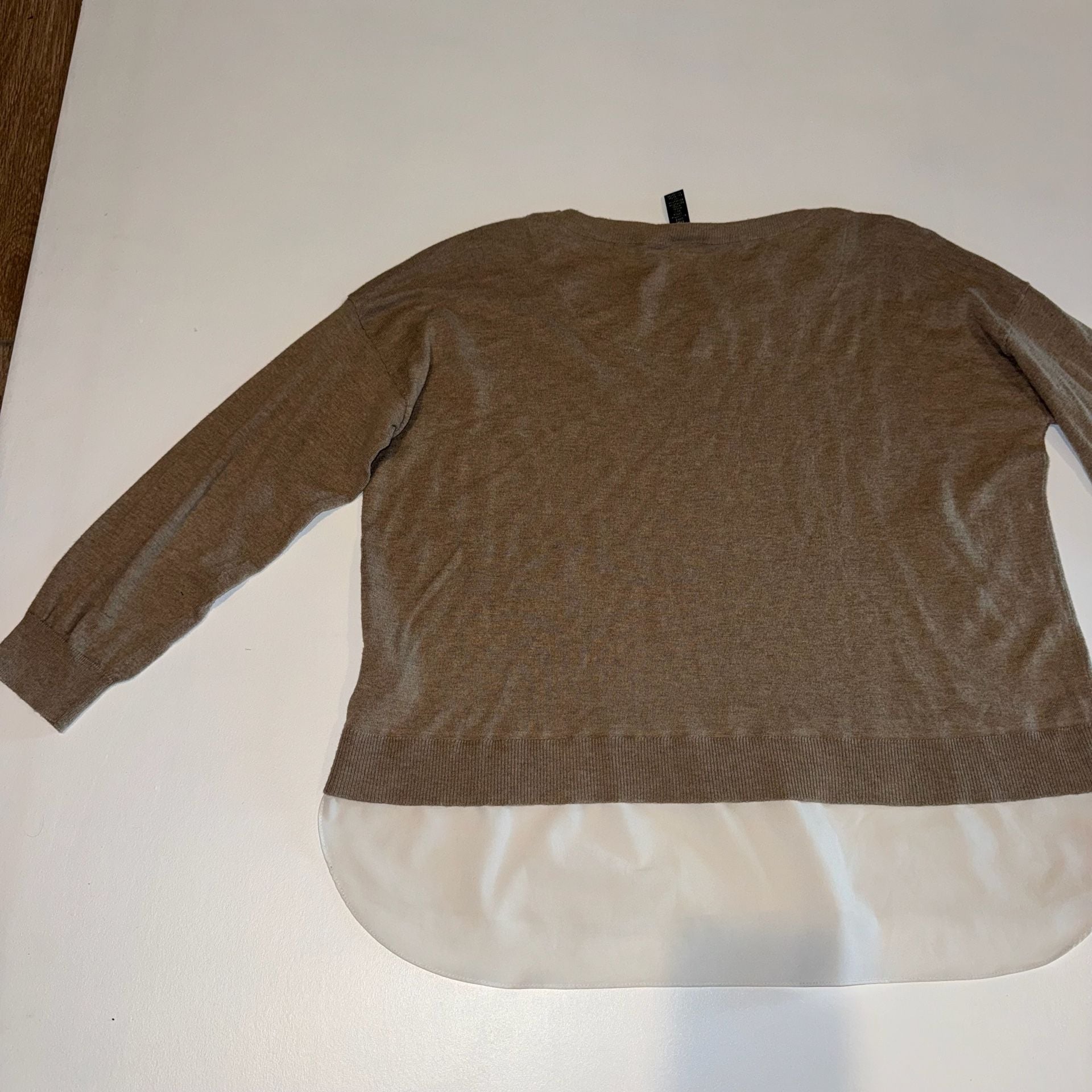LAUREN Ralph Lauren Brown & White Layered Look Knit Shirttail Hem Sweater XL 14