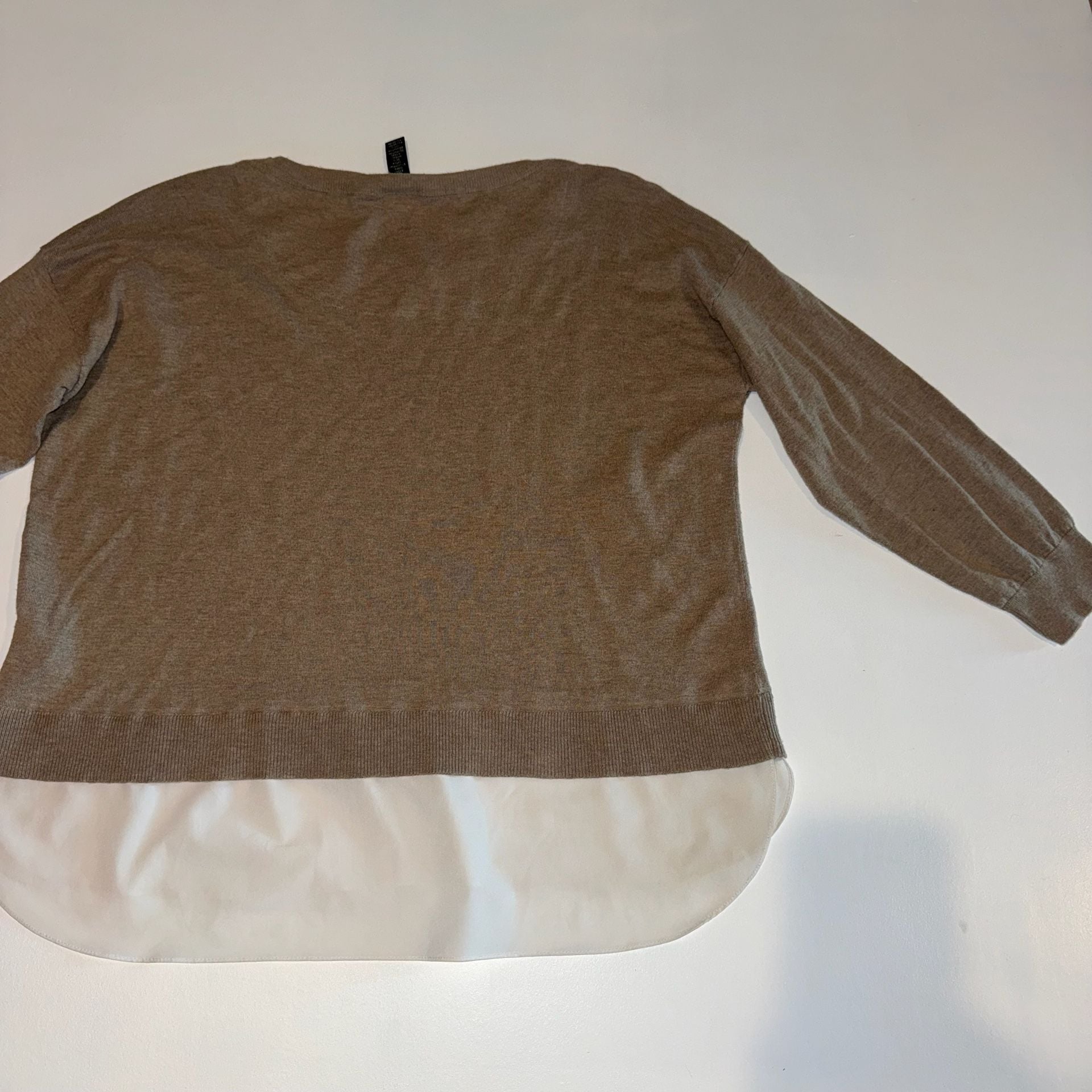 LAUREN Ralph Lauren Brown & White Layered Look Knit Shirttail Hem Sweater XL 15