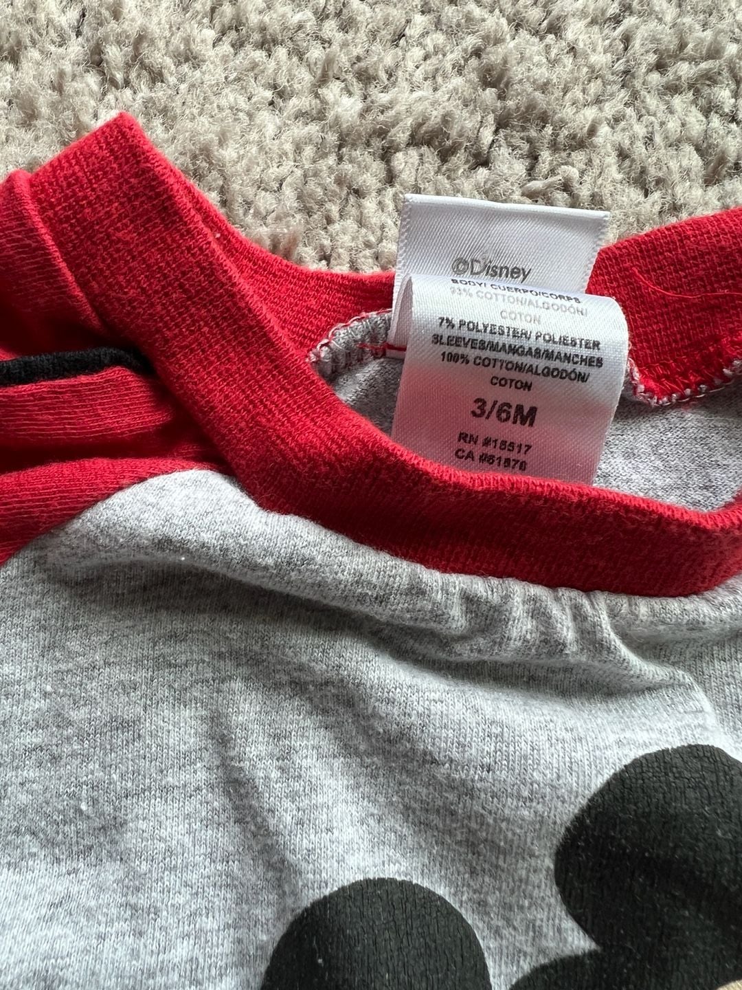 (#12). Disney Mickey Mouse Infant Baby Raglan T-Shirt Gray Red 3/6M 3