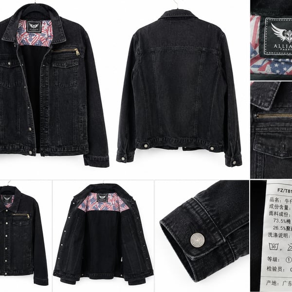 Alliance Fashion Black Denim Jacket with US Flag Lining and Zipper Pocket