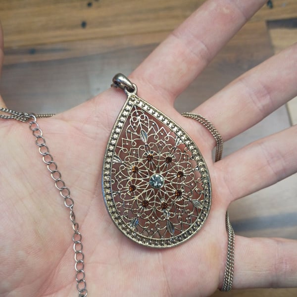 Vintage Filigree Teardrop Pendant Necklace with Brown and Clear Rhinestones