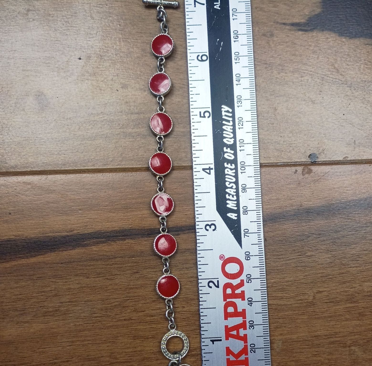 Vintage Silver Tone Red Enamel Circle and Heart Charm Toggle Bracelet 5