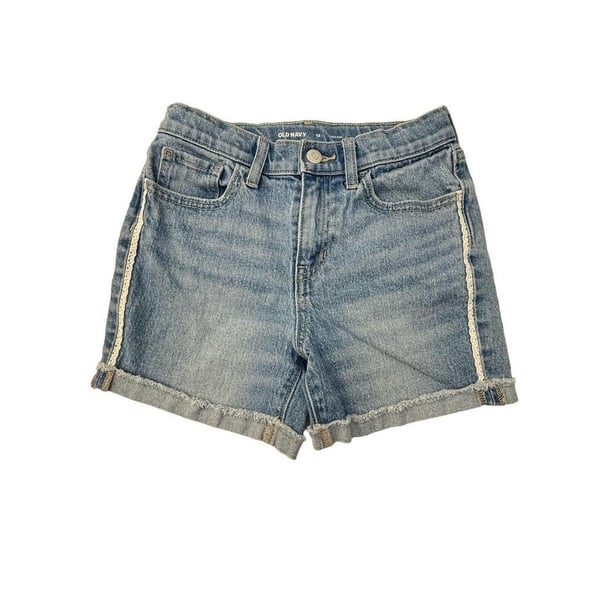 Old Navy Blue Jean Shorts Size 12 Girl's Crochet Trim Adjustable Waist Cut-Offs