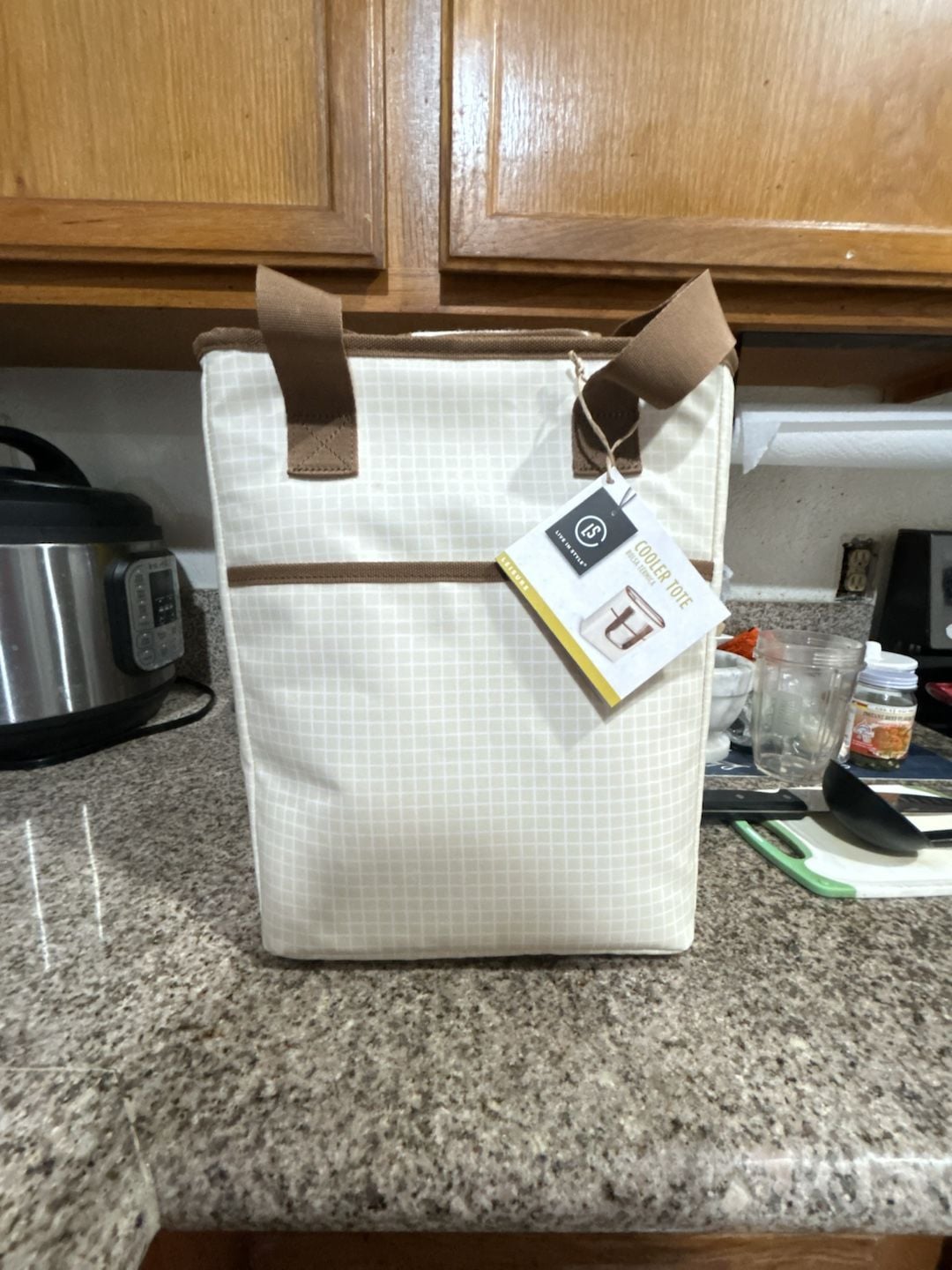 Live In Style Cooler Tote Bag Cream White Grid Pattern With Brown Trim 2