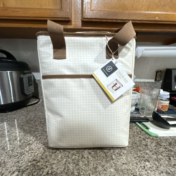 Live In Style Cooler Tote Bag Cream White Grid Pattern With Brown Trim