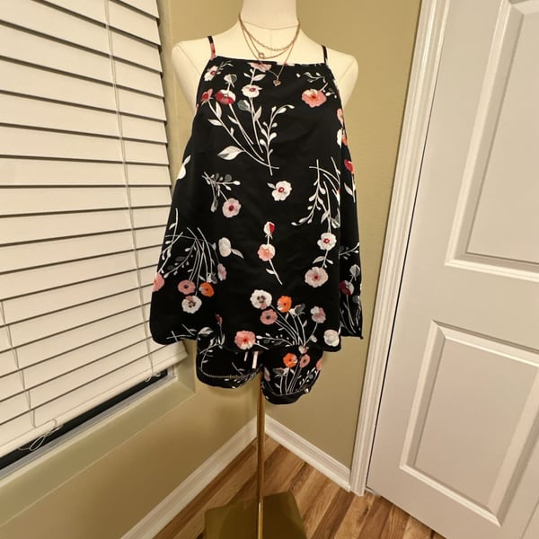 Gilligan & O'Malley Black Floral Silky Satin Lounge PJ Sleep Set XL