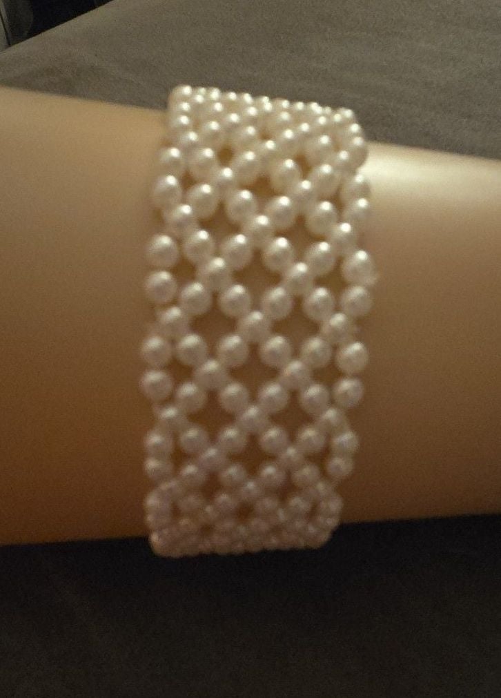 Faux Pearl Multi-Strand Woven Mesh Wide Cuff Bracelets 1