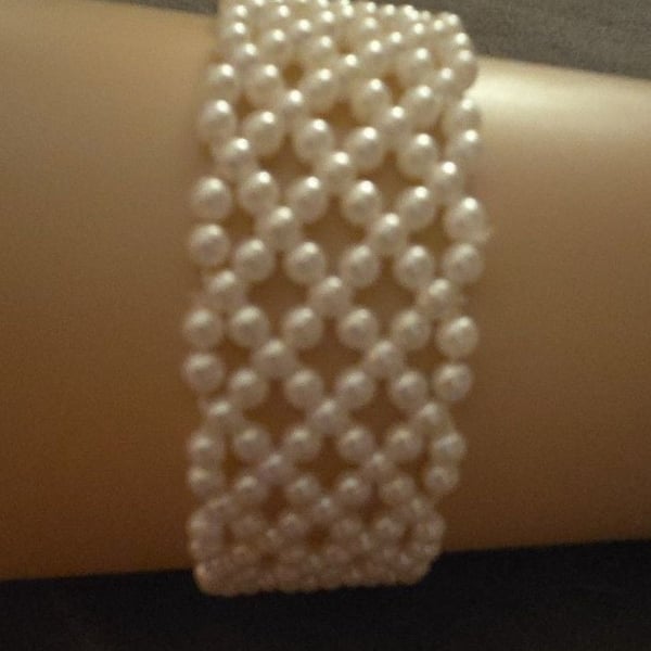 Faux Pearl Multi-Strand Woven Mesh Wide Cuff Bracelets