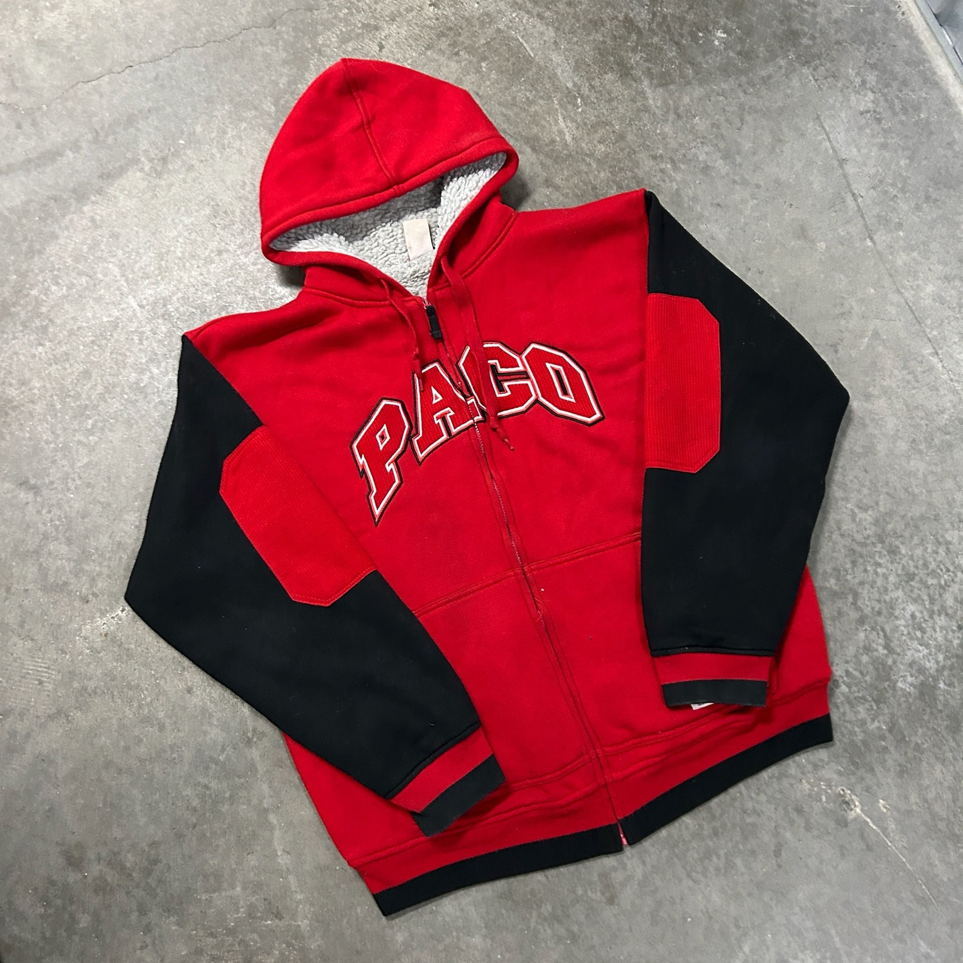 Paco Jeans Vintage 90s Sherpa Lined Full Zip Hoodie Red Black Men's XL 2
