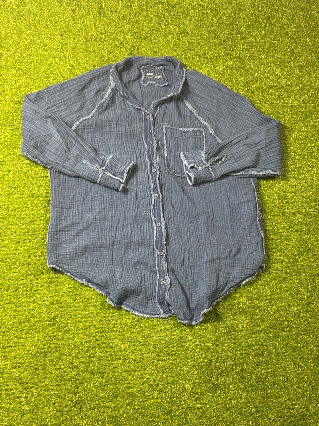 Aerie Gauzy Blue Button-Up Shirt Coverup Raw Edge Size S 2