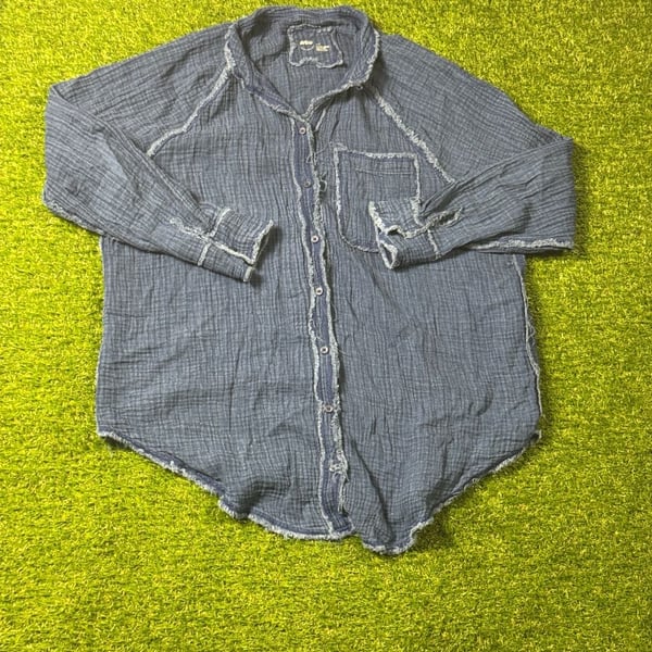 Aerie Gauzy Blue Button-Up Shirt Coverup Raw Edge Size S
