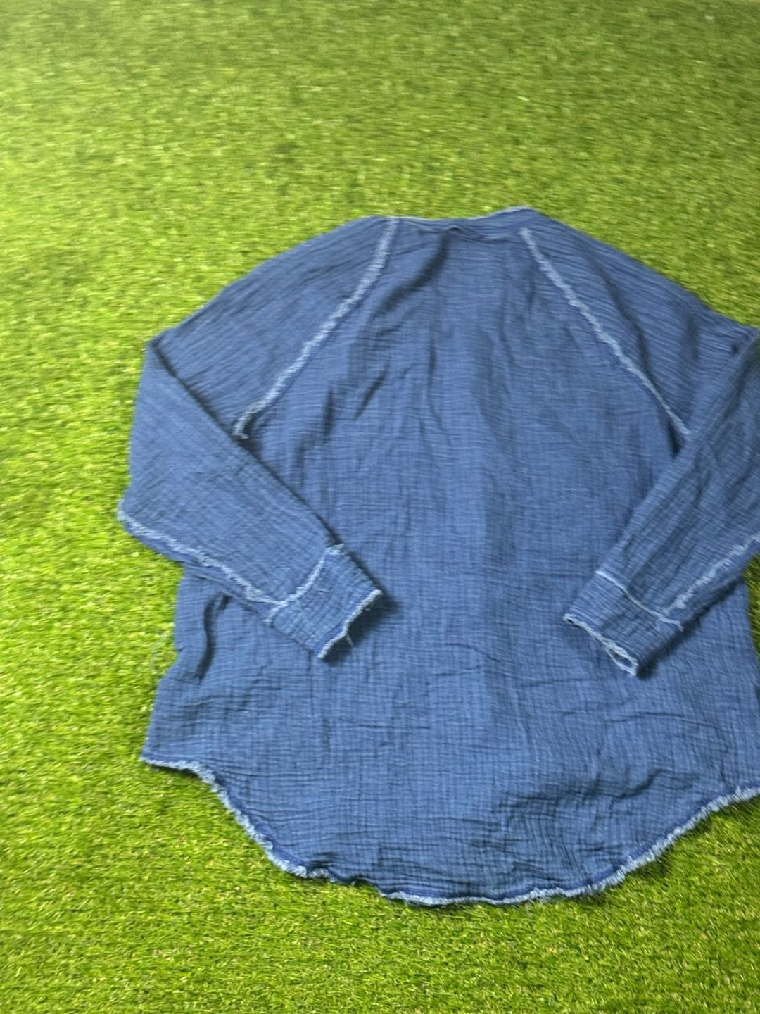 Aerie Gauzy Blue Button-Up Shirt Coverup Raw Edge Size S 3