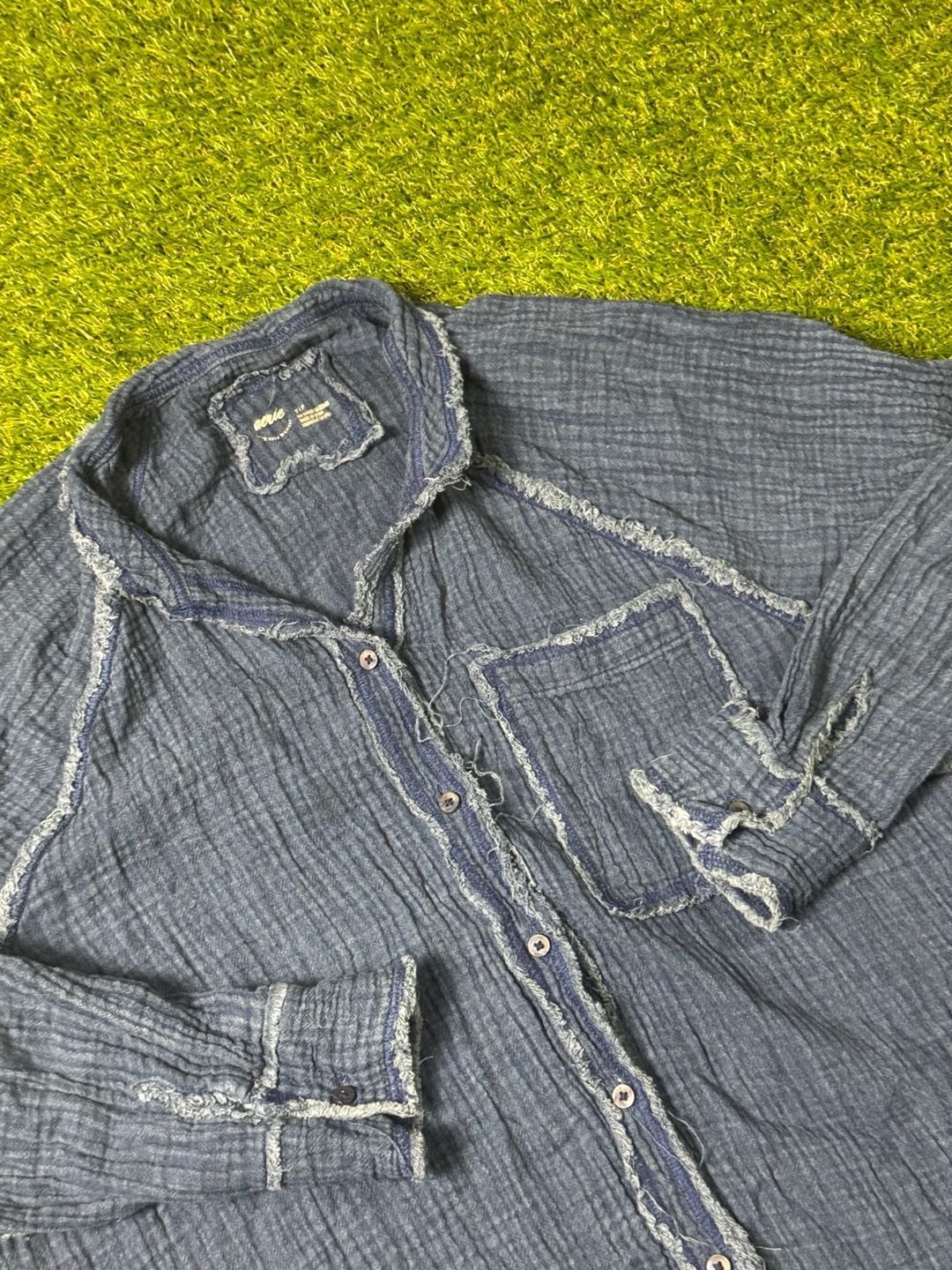 Aerie Gauzy Blue Button-Up Shirt Coverup Raw Edge Size S 4