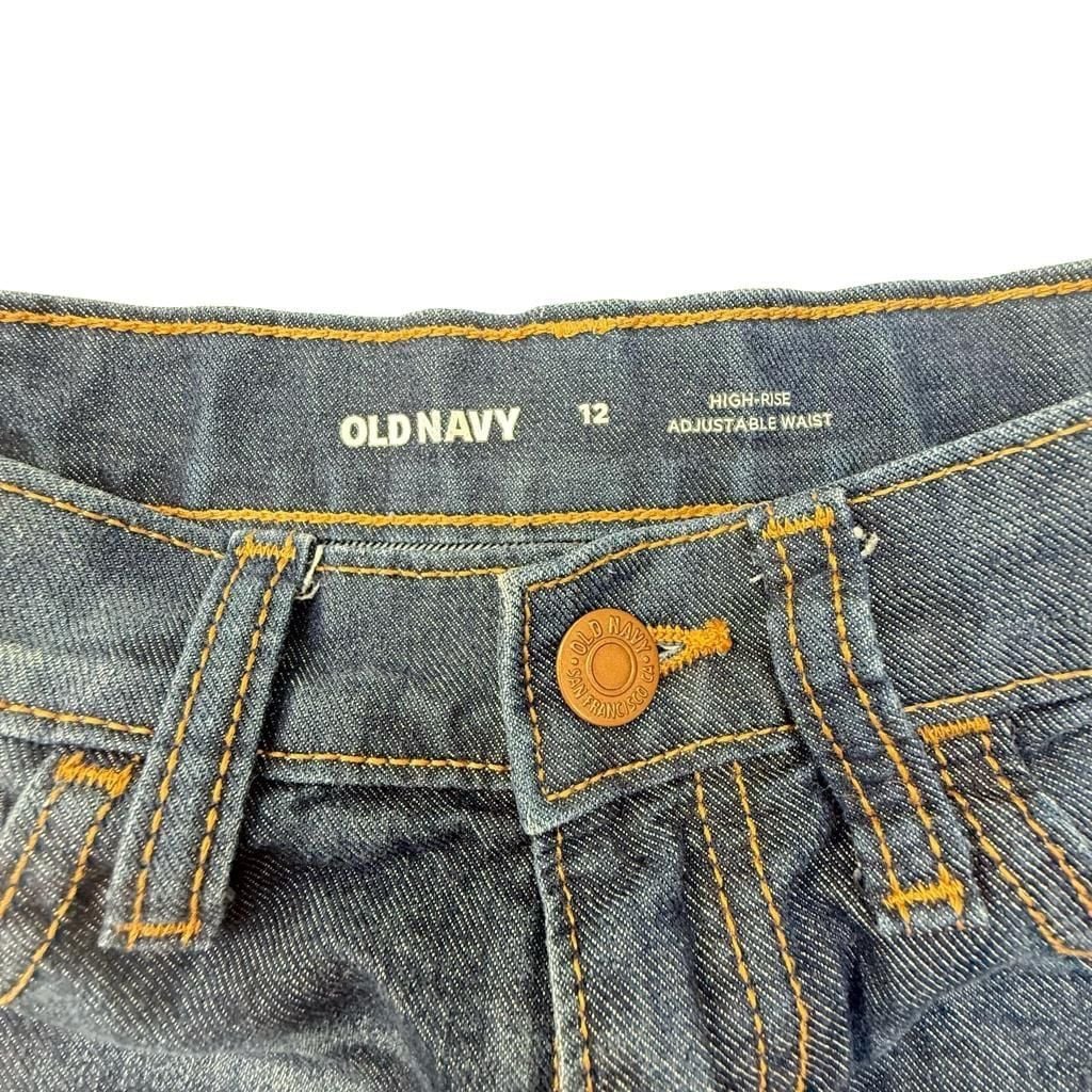 Old Navy Girls High-Rise Adjustable Waist Denim Shorts Size 12 Dark Wash Raw Hem 4