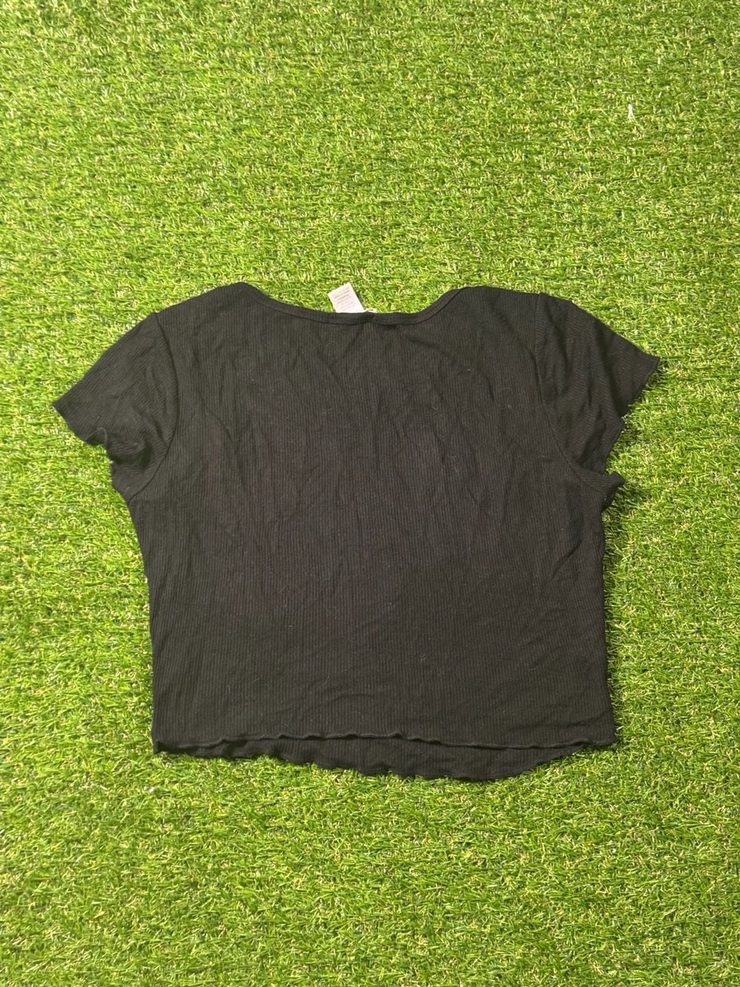 Ozzolo Black Ribbed Lettuce Hem Short Sleeve Crop Top Baby Tee Medium 3