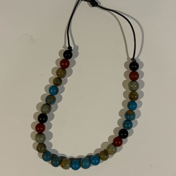 Fossil Multi-Color Stone Bead Leather Cord Necklace