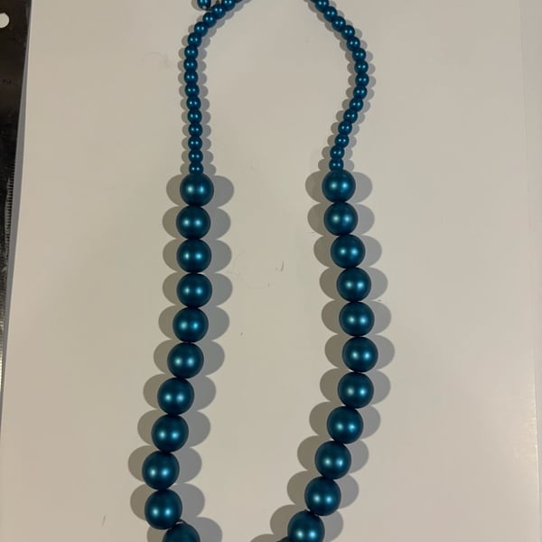 Teal Blue Metallic Graduated Ball Bead Chunky Statement Necklace