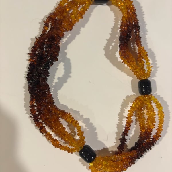 Vintage Multi-Strand Baltic Amber Chip Bead Necklace with Black Accent Beads
