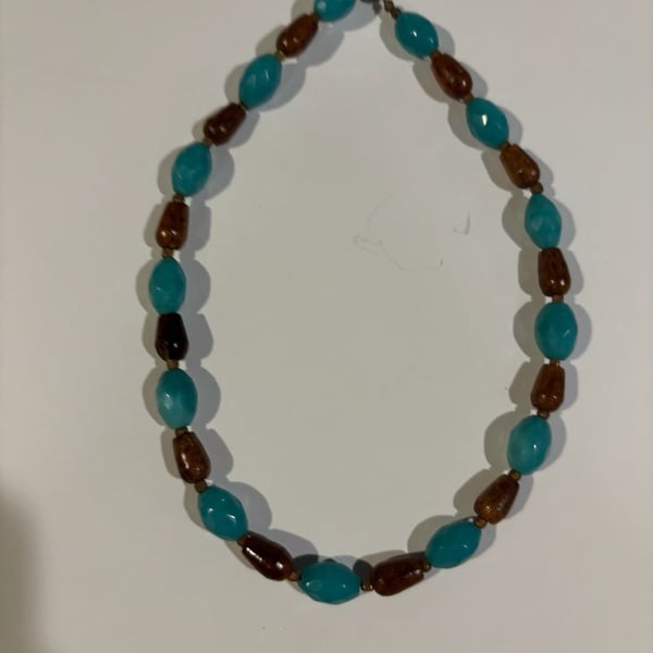 Vintage Turquoise Blue and Brown Beaded Statement Necklace 15”