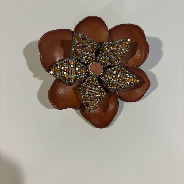 Vintage Brown Leather Beaded Flower Brooch Pin with Stone Center