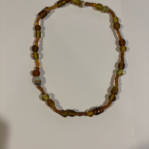 Vintage Honey Amber and Brown Art Glass Bead Necklace 18”