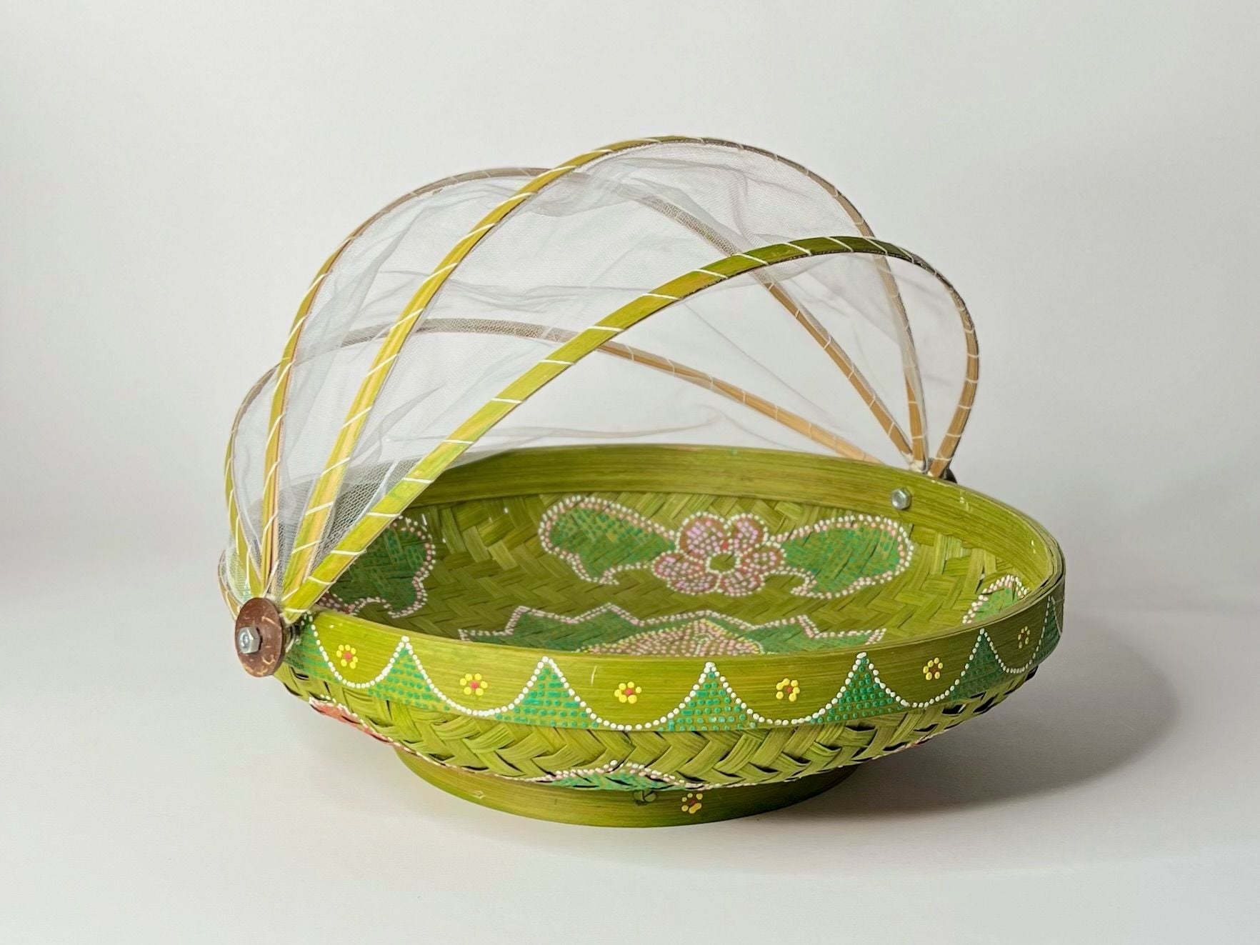 Vintage Hand-Woven Bamboo Folding Mesh Food Cover Basket Floral Hand-Painting 1