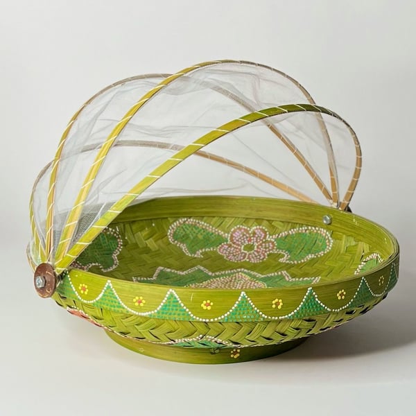 Vintage Hand-Woven Bamboo Folding Mesh Food Cover Basket Floral Hand-Painting