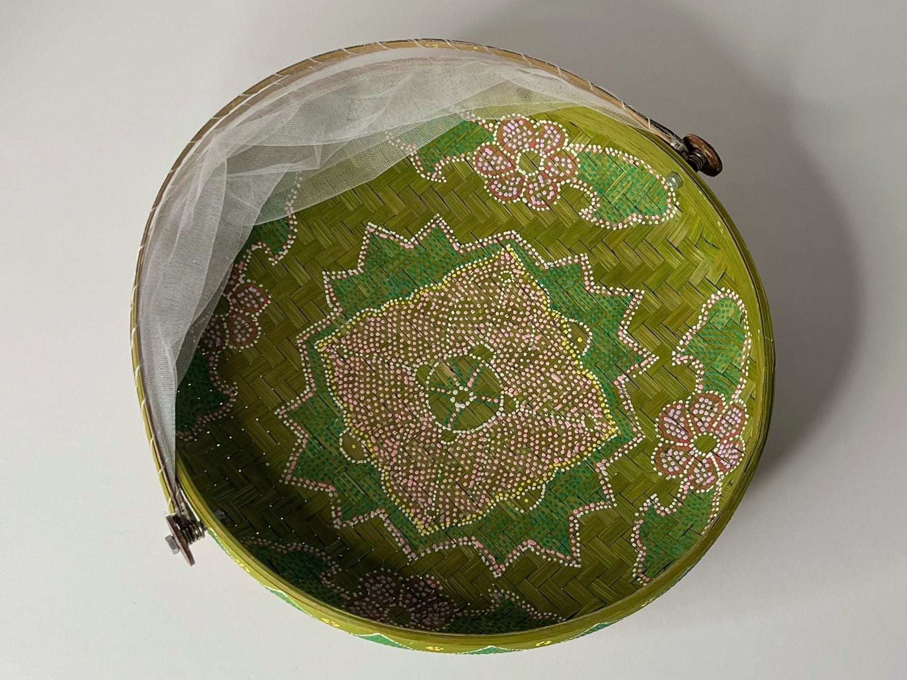 Vintage Hand-Woven Bamboo Folding Mesh Food Cover Basket Floral Hand-Painting 2