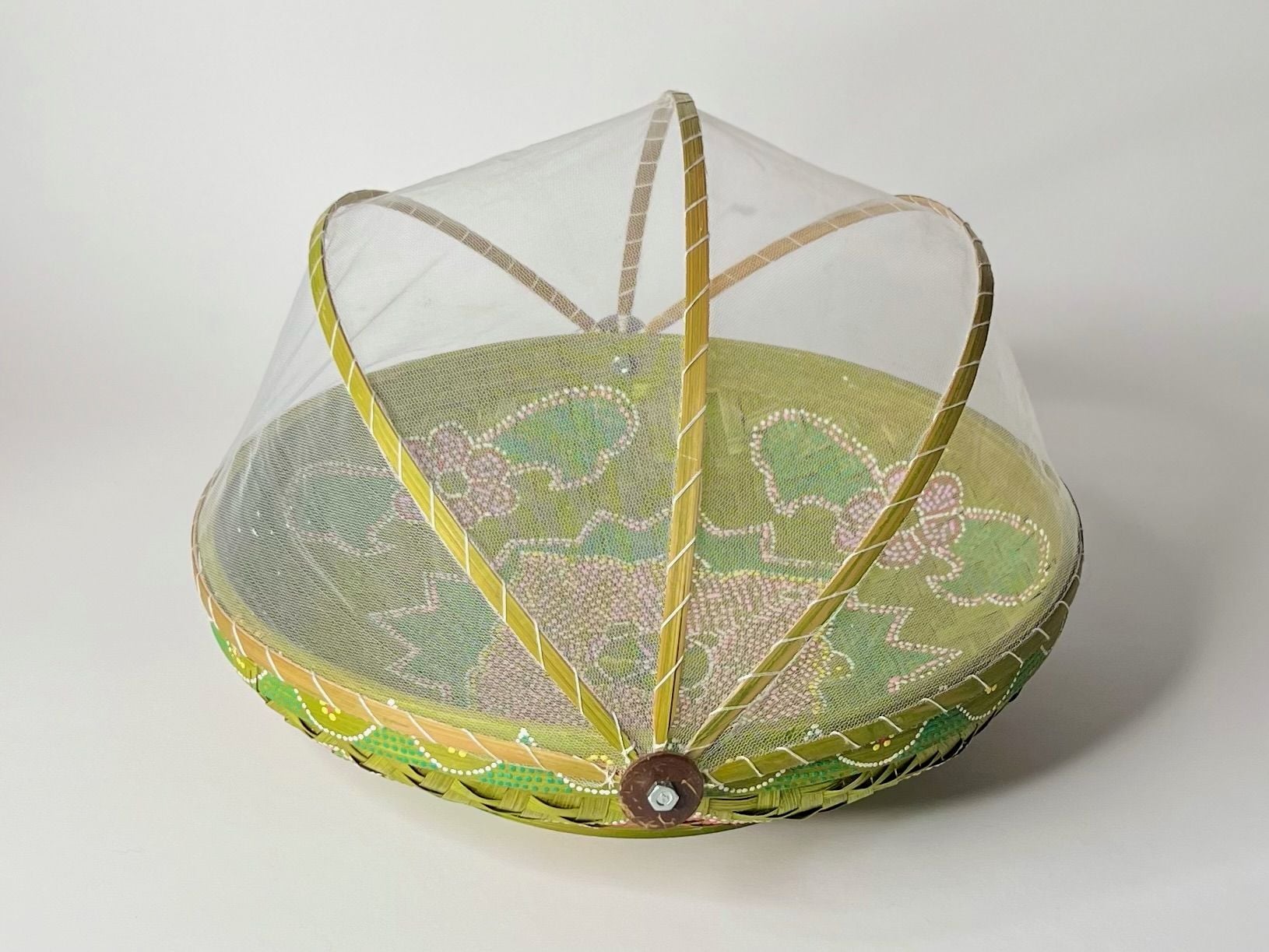 Vintage Hand-Woven Bamboo Folding Mesh Food Cover Basket Floral Hand-Painting 3