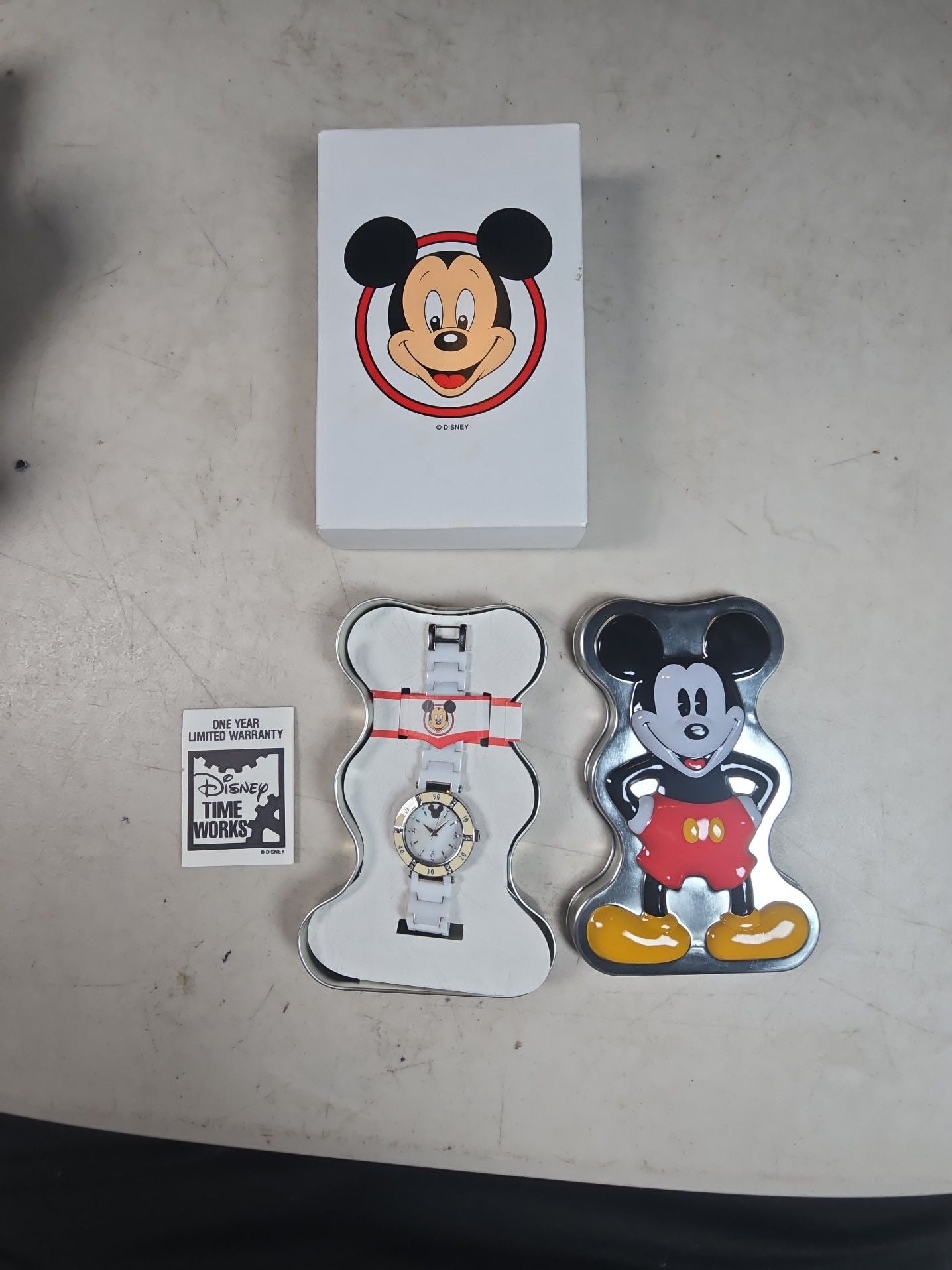Disney Time Works Mickey Mouse White Ceramic Band Watch in Shaped Tin Box 2